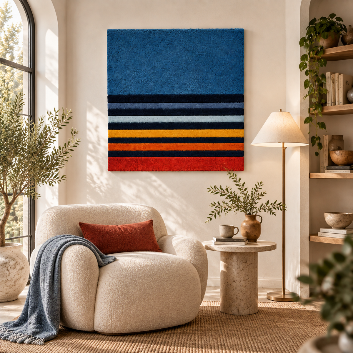 Blue Dusk with Ember Stripes — front-facing room scene [room-front]