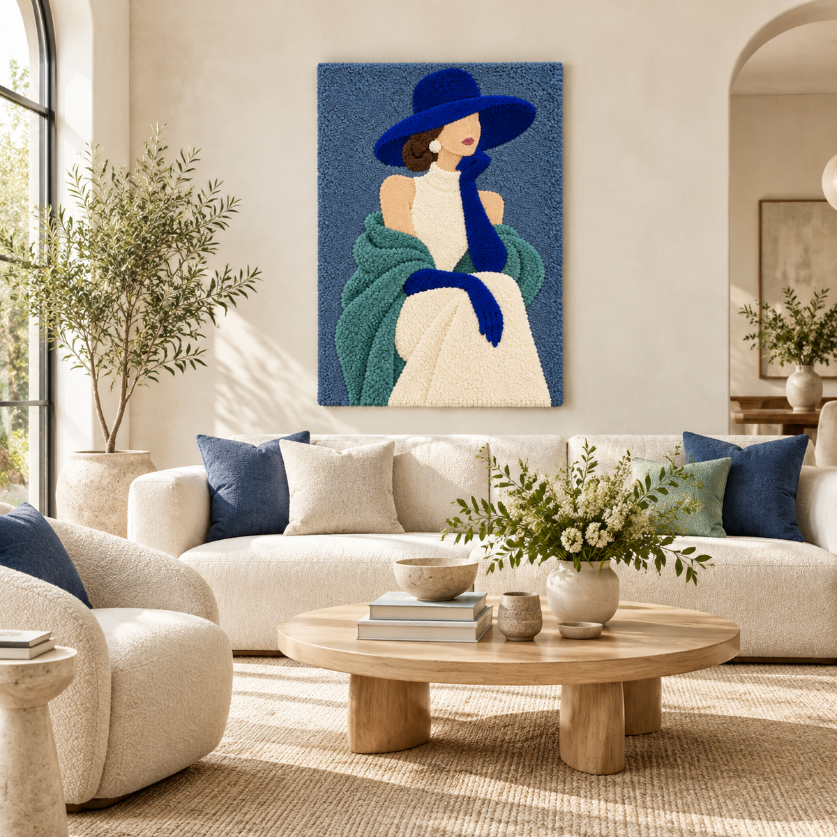 Blue Glove Reverie wall art by Hewn Earth, featuring a vibrant abstract design in shades of blue displayed in a modern room.