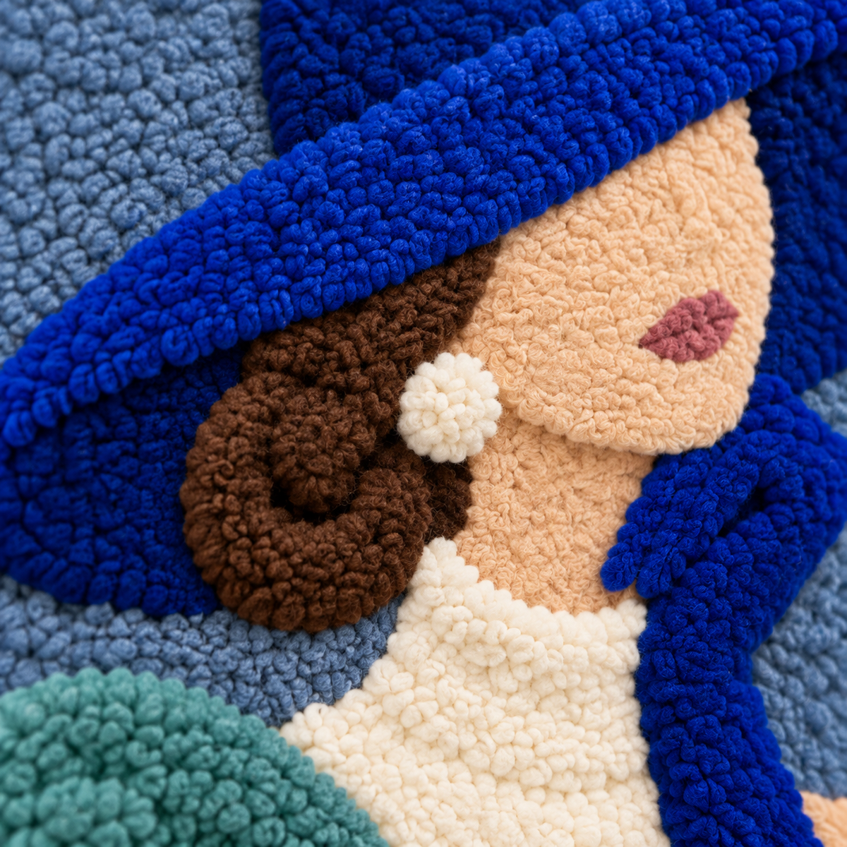 Close-up of Hewn Earth Blue Glove Reverie wall art featuring detailed blue glove design on a textured surface.