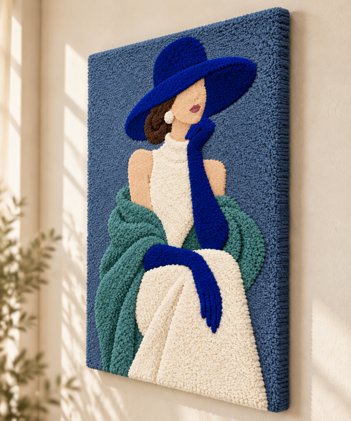 Blue Glove Reverie wall art by Hewn Earth featuring abstract blue glove design, displayed from an angled view.
