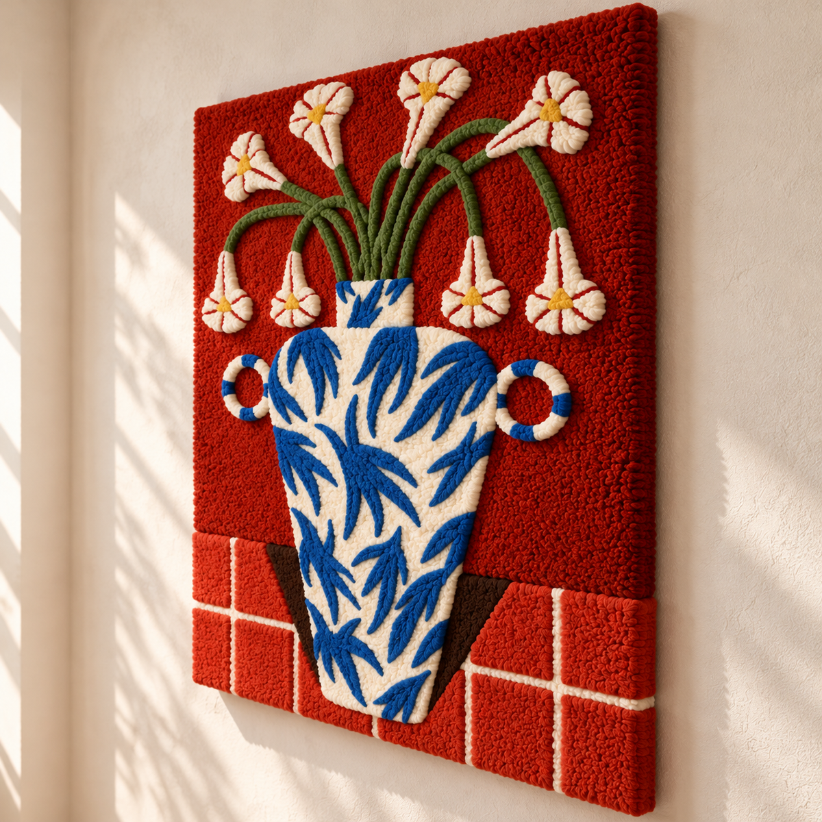 Blue Leaf Vase with Bellflowers by Hewn Earth Studio — angled relief view