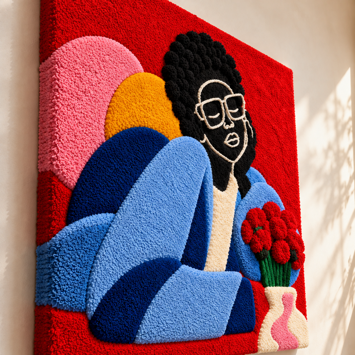 Blue Muse with Red Roses by Hewn Earth Studio — angled relief view