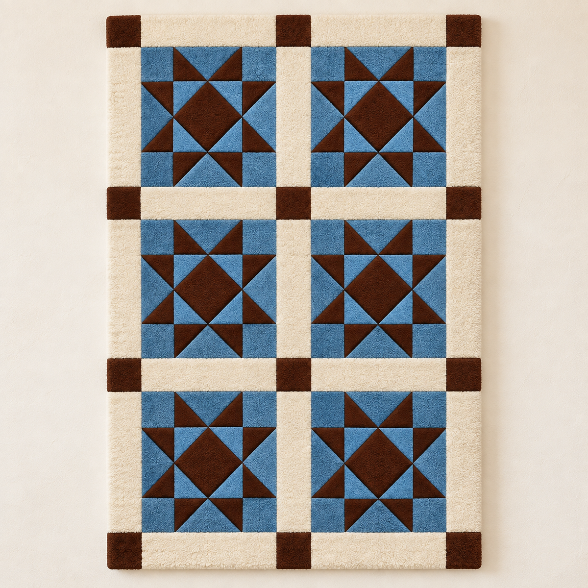 Hewn Earth blue pinwheel quilt wall art featuring vibrant blue fabric and intricate quilted patterns for home decor.