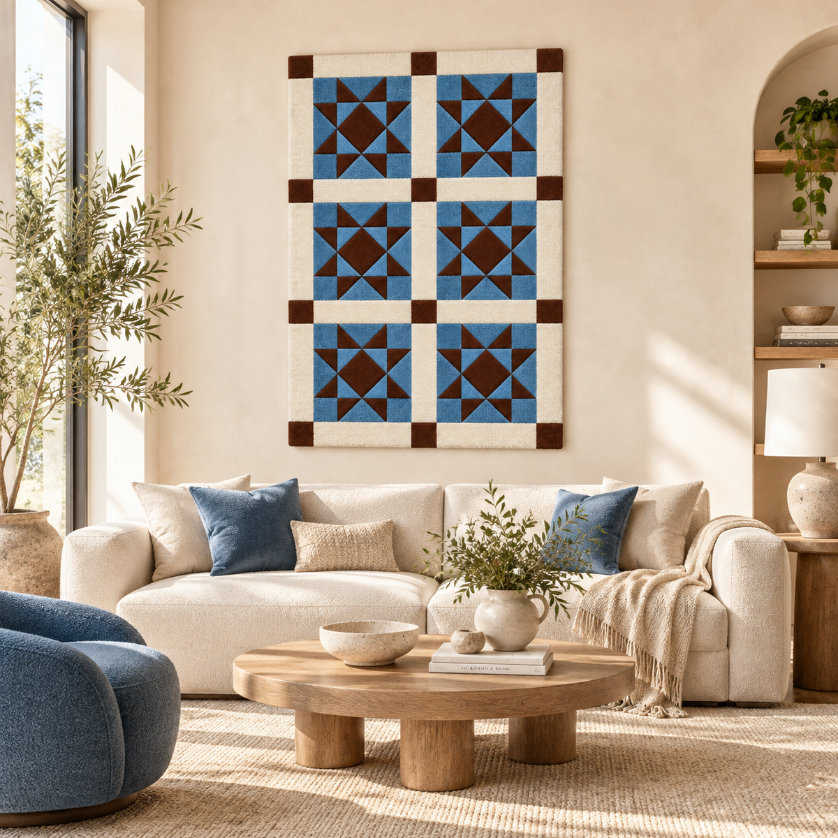 Blue pinwheel quilt wall art by Hewn Earth displayed in a room scene with windows, adding a colorful decorative touch to the space.