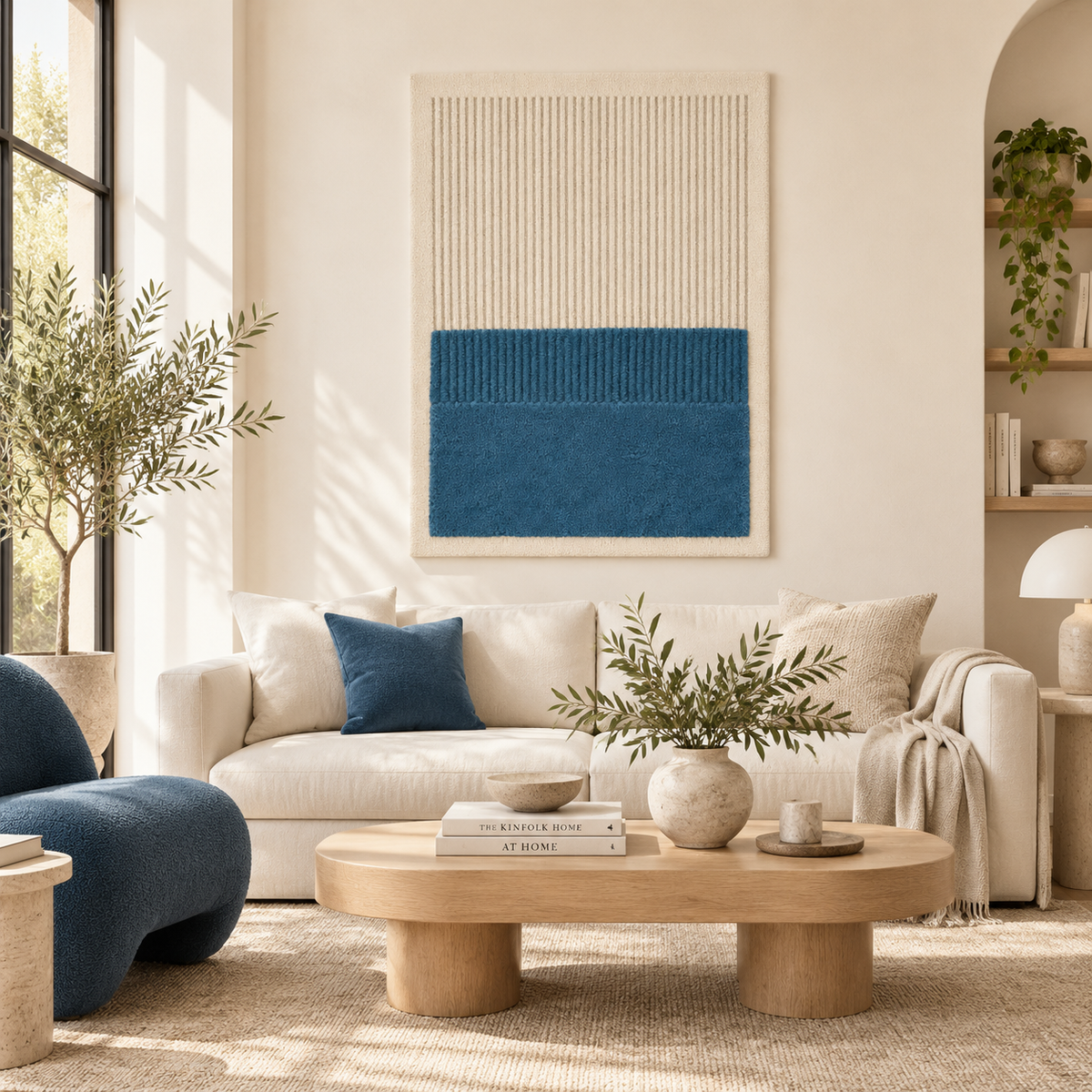 Blue ribbed Hewn Earth wall art titled Quiet, featuring textured blue ribbed design, displayed in a modern room setting.