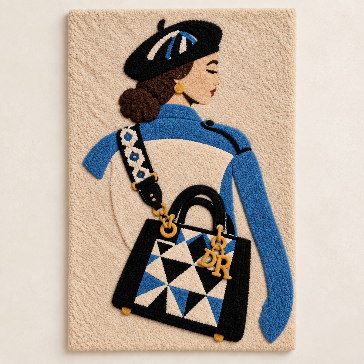 Wall art featuring a blue scarf and mosaic handbag design by Hewn Earth, displayed on a neutral background.