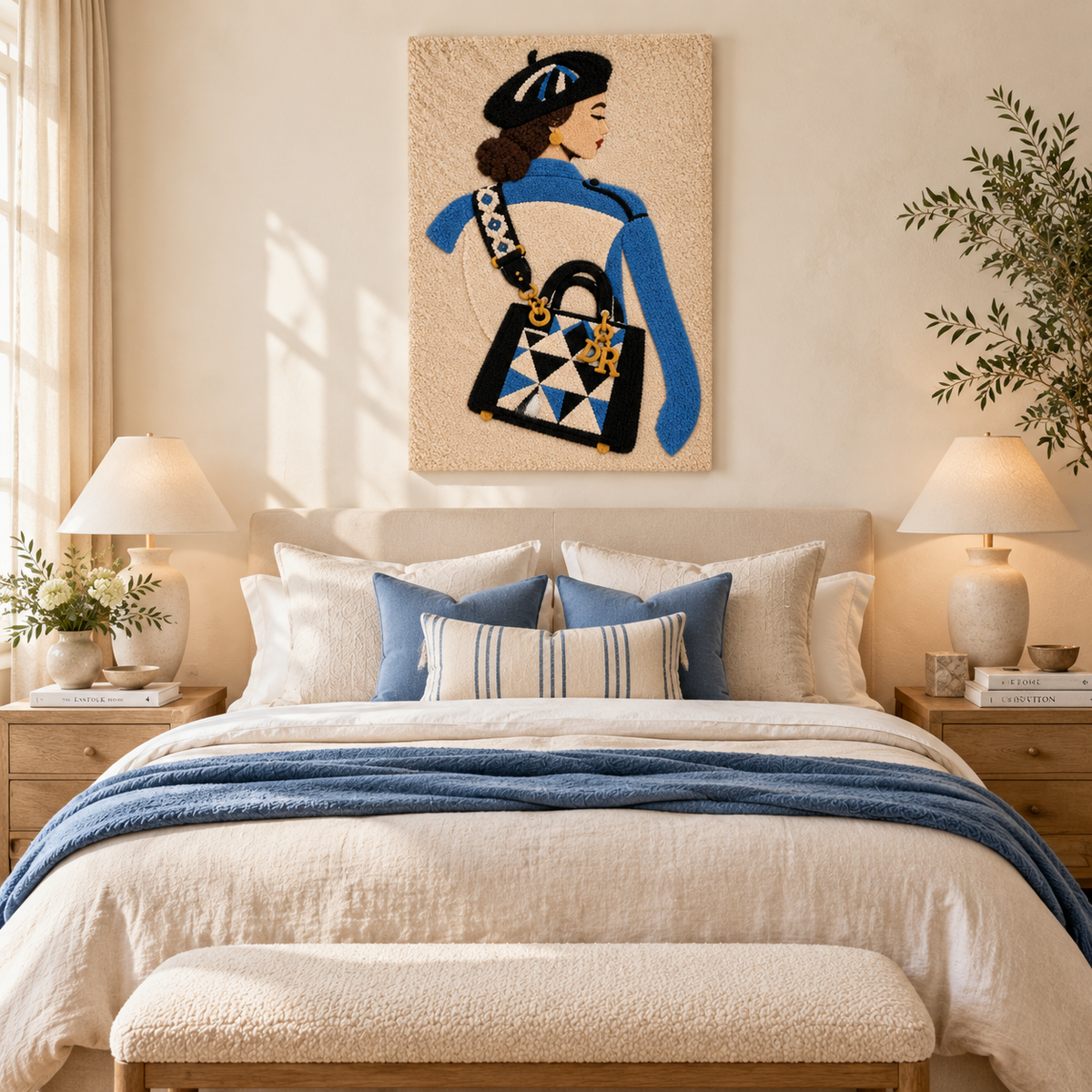 Wall art featuring a blue scarf and mosaic handbag displayed in a room scene, showcasing Hewn Earth's decorative wall decor.