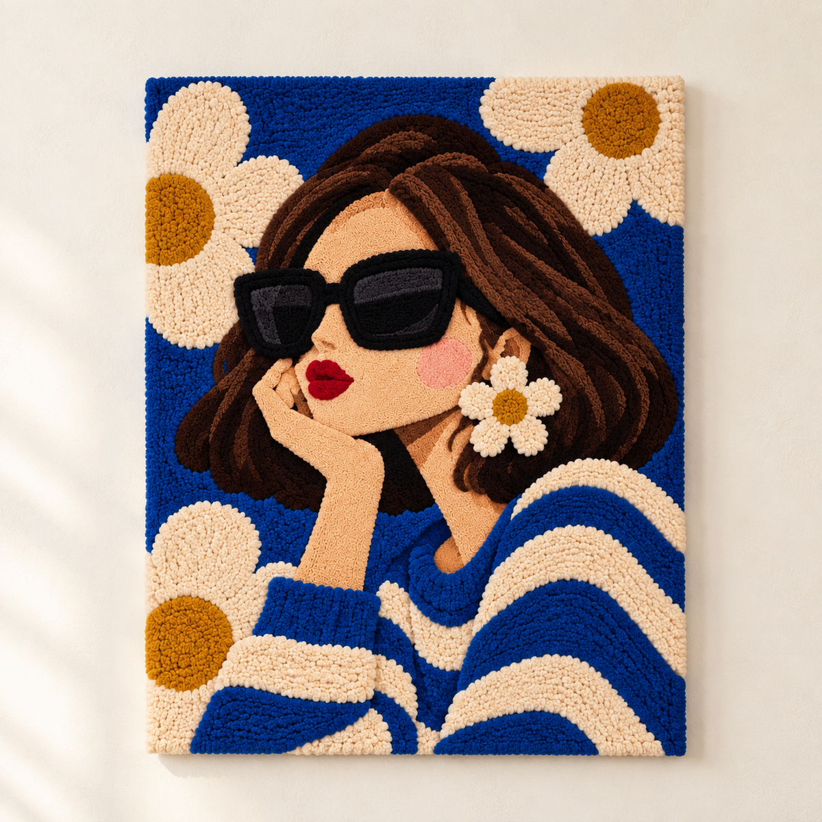 Blue stripes and daisy earrings wall art by Hewn Earth featuring colorful, floral-inspired ceramic earrings on a neutral background.