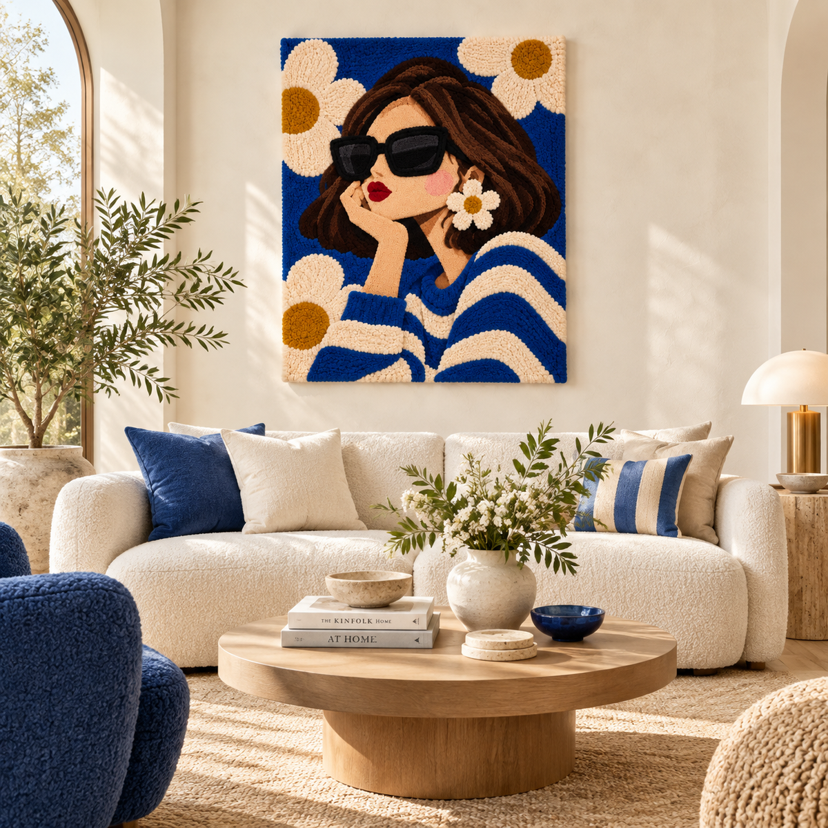 Hewn Earth wall art featuring blue stripes and daisy earrings design, displayed in a room scene with decorative elements.