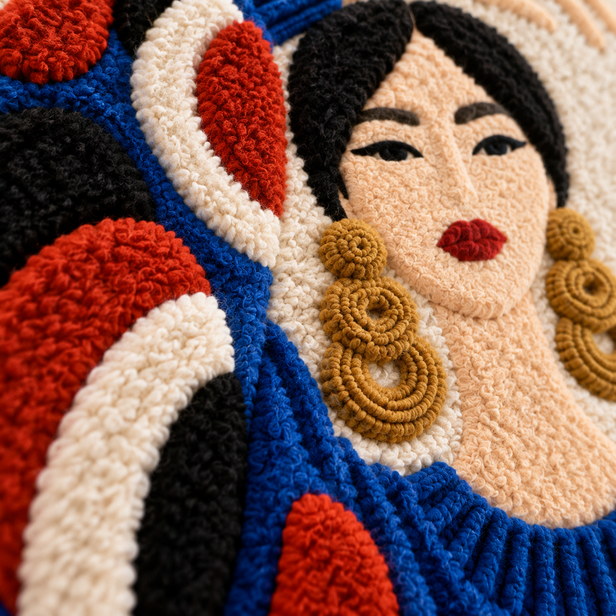 Blue Sweater Dancing Pose — tufted wool texture detail