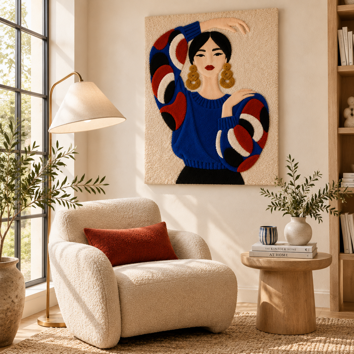 Blue Sweater Dancing Pose — room setting