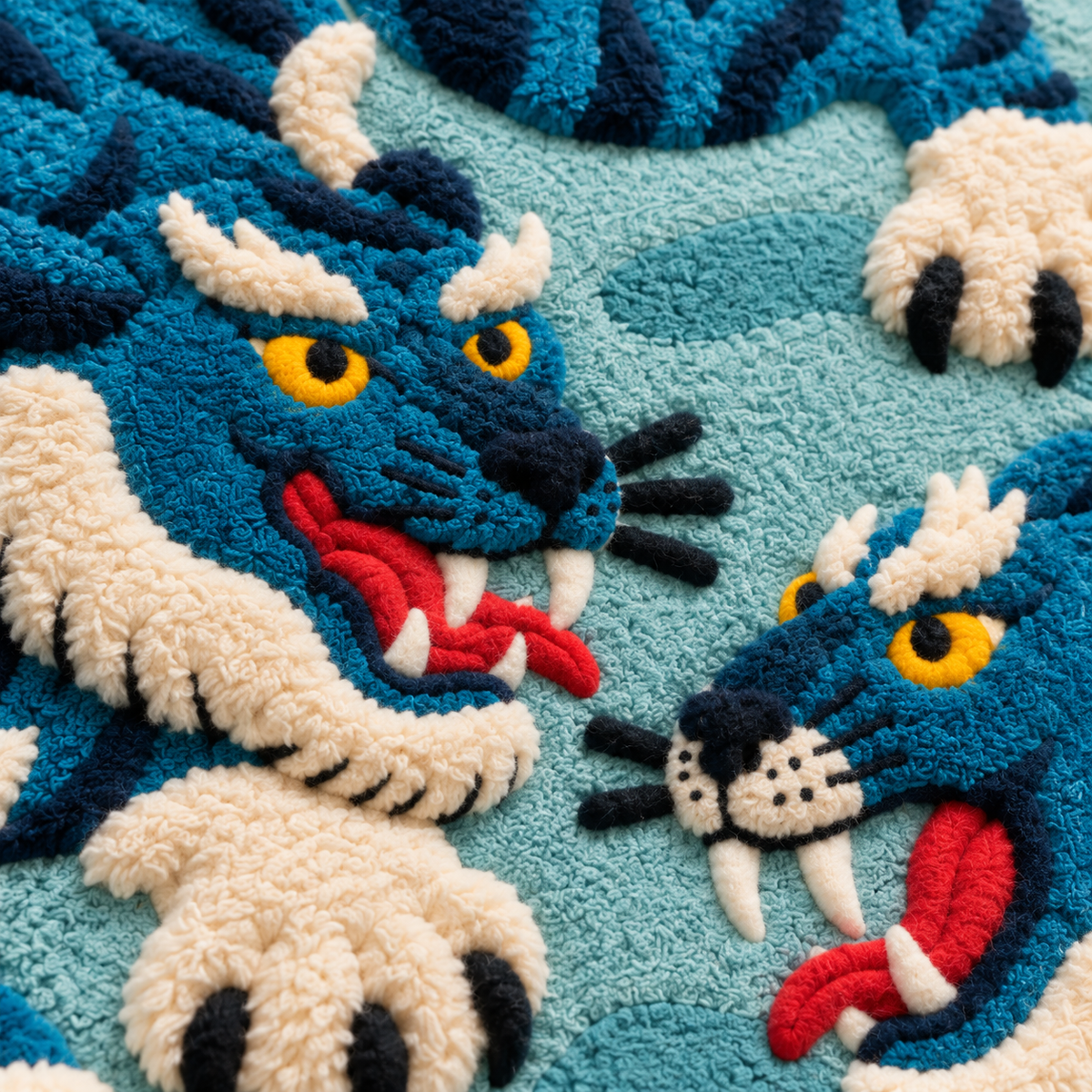 Blue Tigers in Motion — tufted wool texture detail
