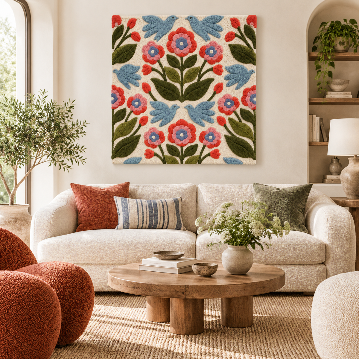 Hewn Earth Bluebird Coral Garland wall art with colorful coral and bird design hanging on a room wall.