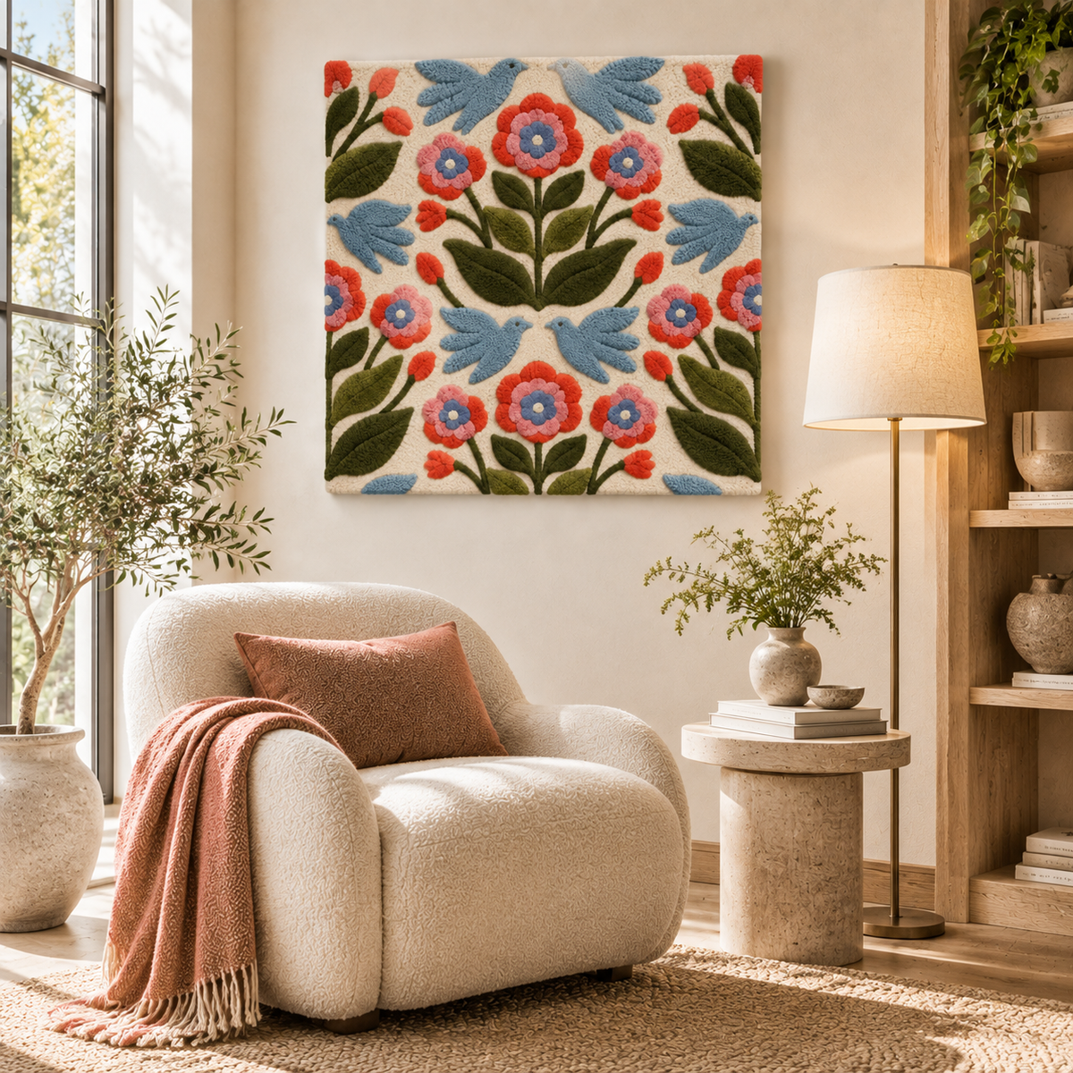 Hewn Earth Bluebird Coral Garland wall art displayed in a room scene with colorful coral and bluebird accents.