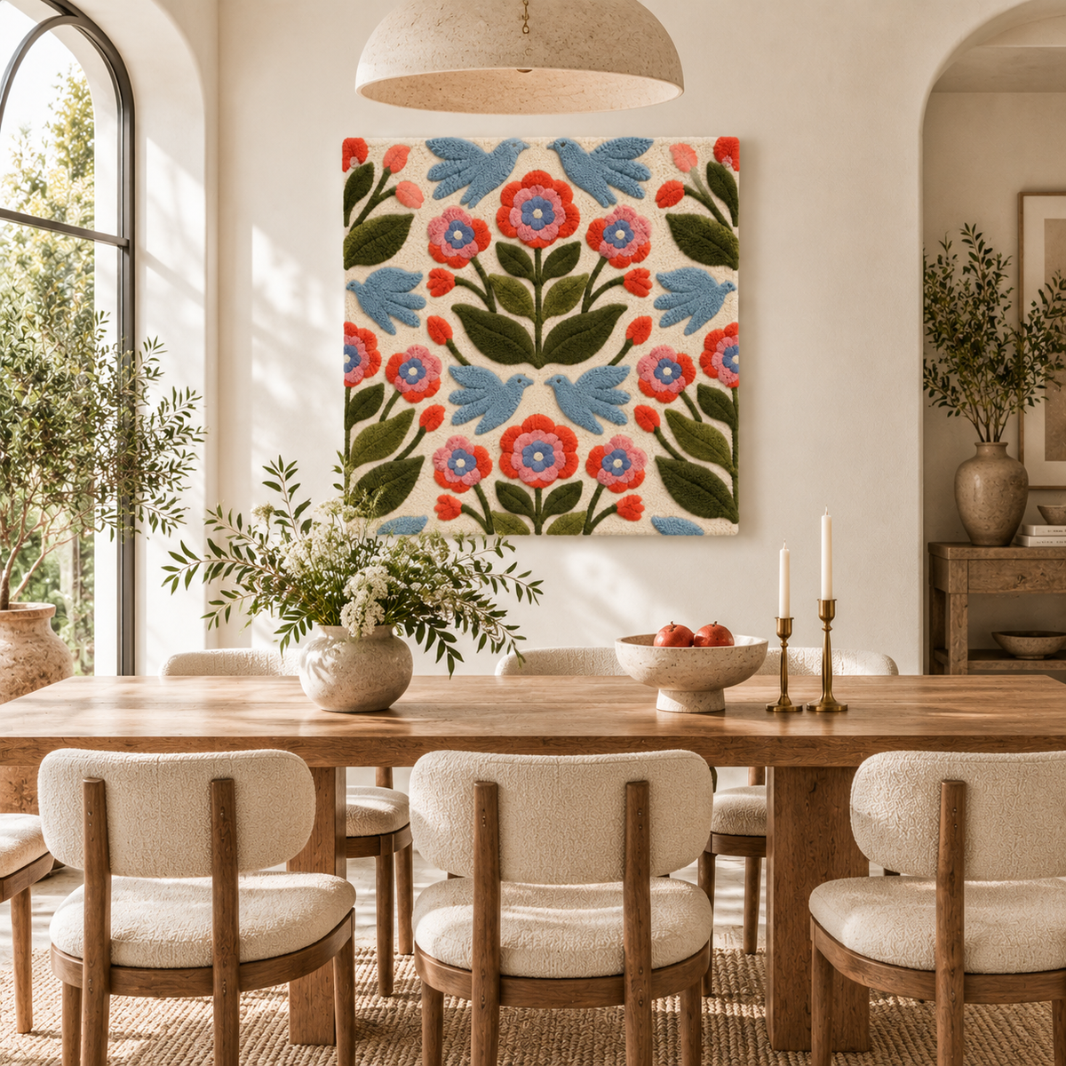 Hewn Earth Bluebird Coral Garland wall art hanging decor in a room scene highlighting vibrant colors and handcrafted design.