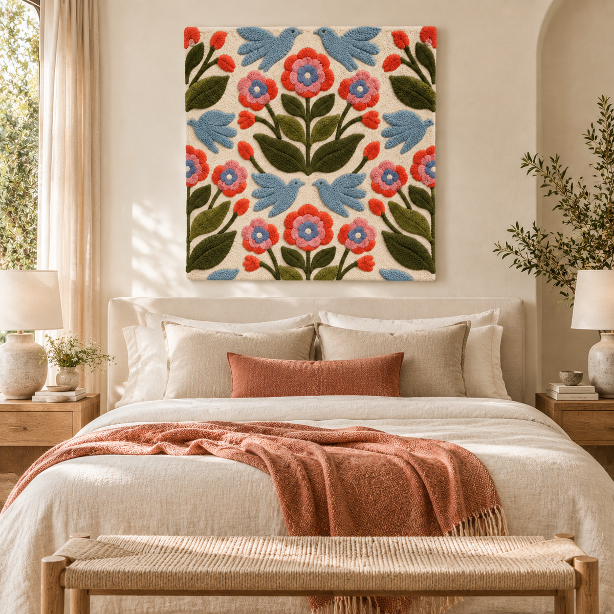 Hewn Earth Bluebird Coral Garland wall art hanging in a room, featuring colorful coral and bluebird design for home decor.