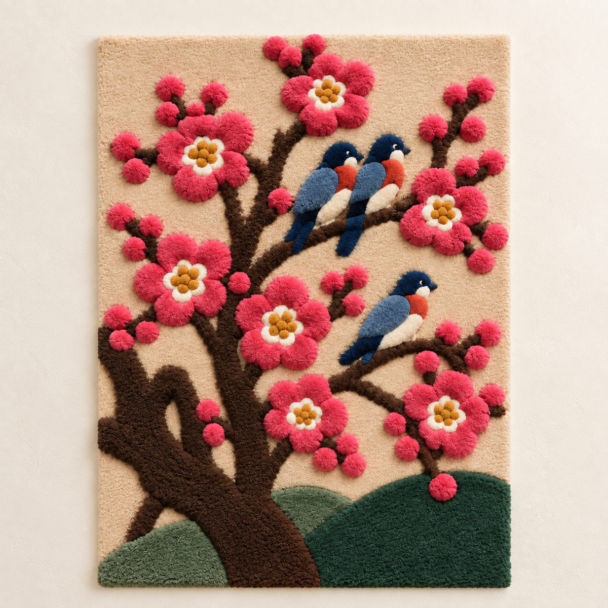Hewn Earth wall art featuring bluebirds perched among plum orchard branches, vibrant and detailed nature scene.