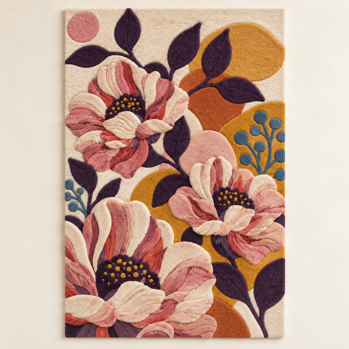 Hewn Earth wall art featuring blush anemones and golden discs, arranged in a decorative floral design on a light background.