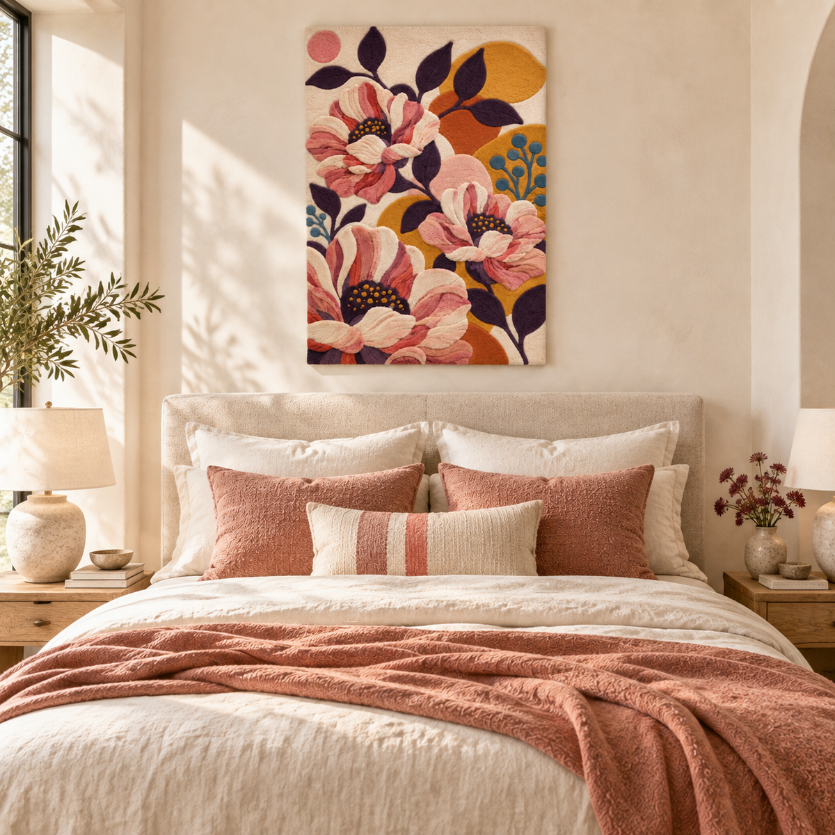 Hewn Earth wall art featuring blush anemones and golden discs arranged in a modern, decorative room scene.