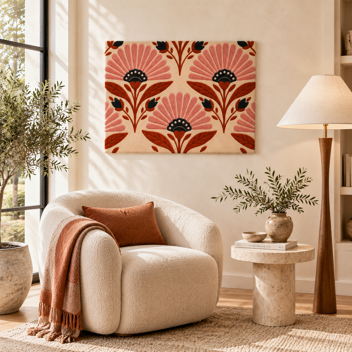 Hewn Earth blush fanflower garden wall art, vibrant floral scene with pink and green tones, suitable for home decor.