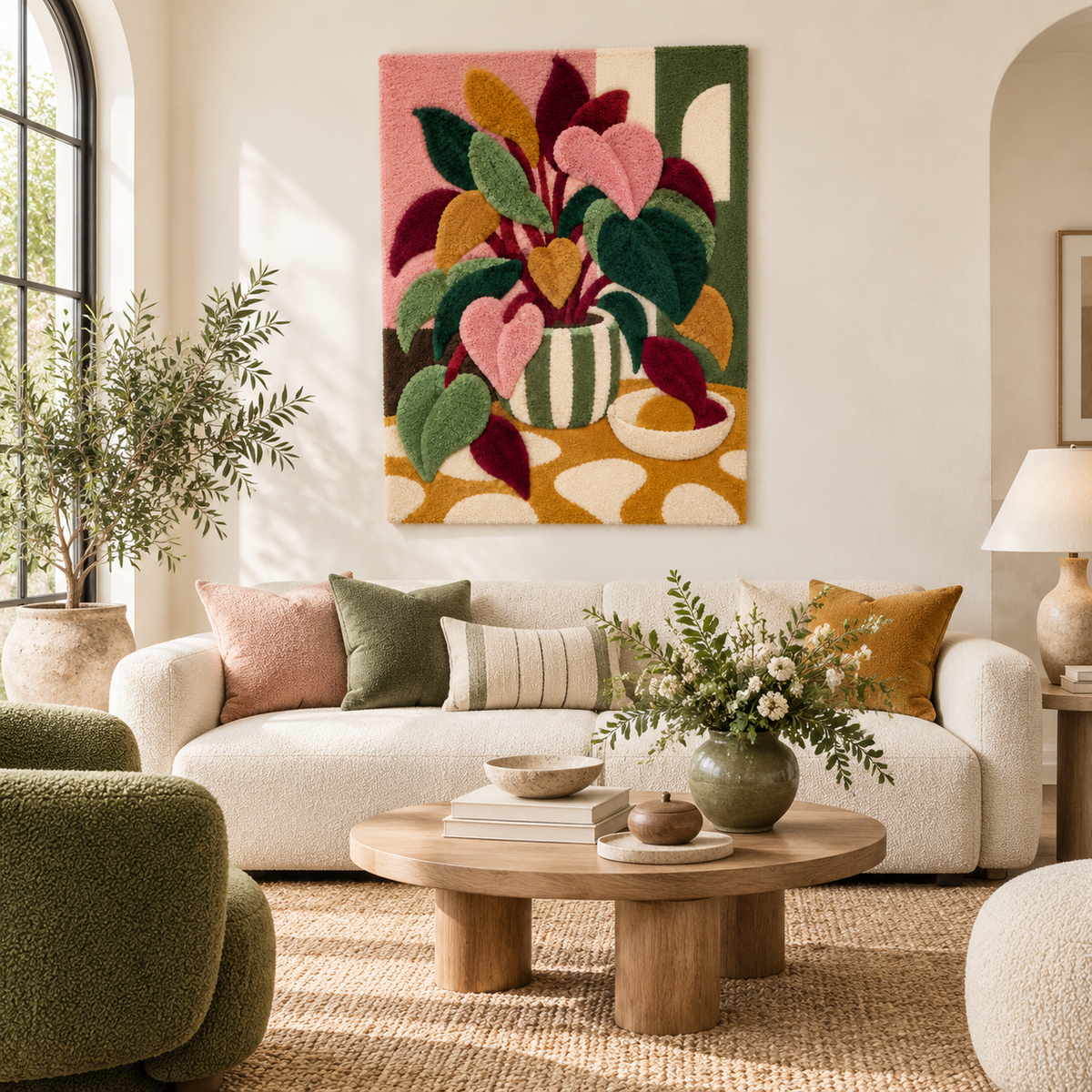 Blush Leaves in a Striped Vase — front-facing room scene [room-front]
