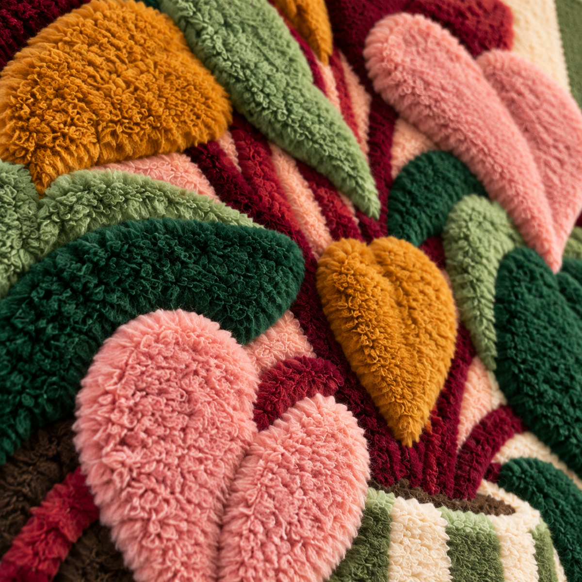 Blush Leaves in a Striped Vase — tufted wool texture detail