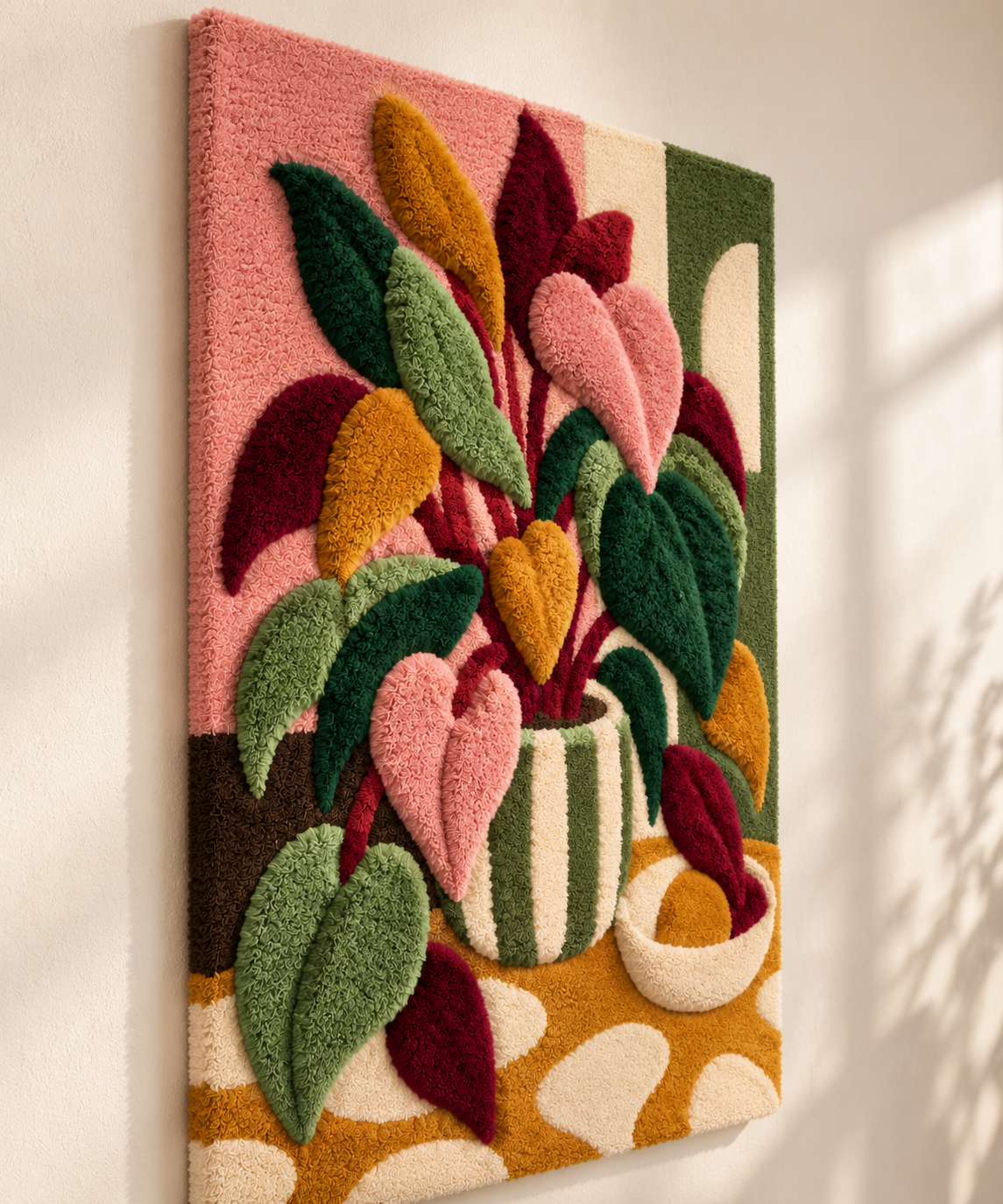 Blush Leaves in a Striped Vase — angled relief view