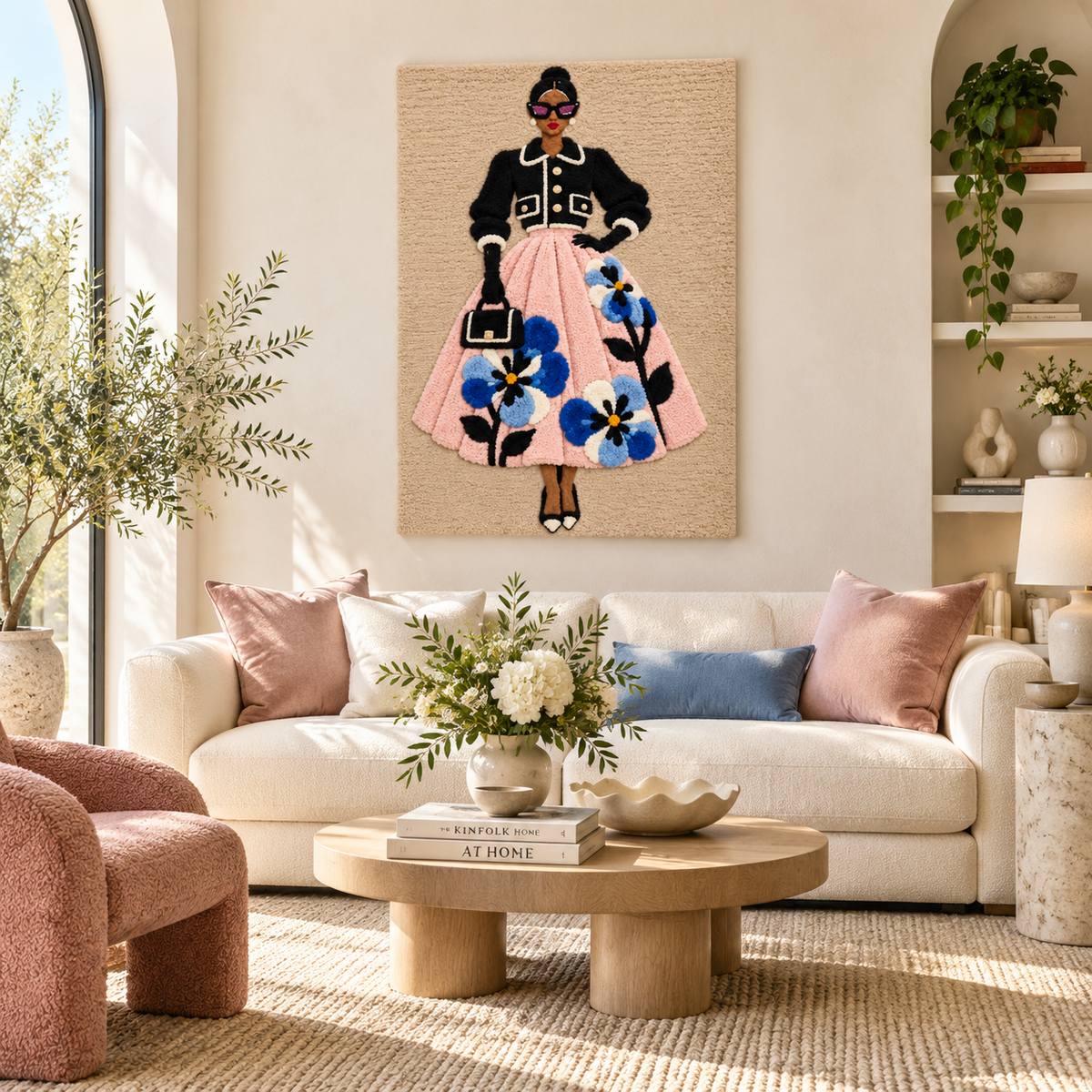 Blush Skirt Cobalt Blossoms — front-facing room scene [room-front]