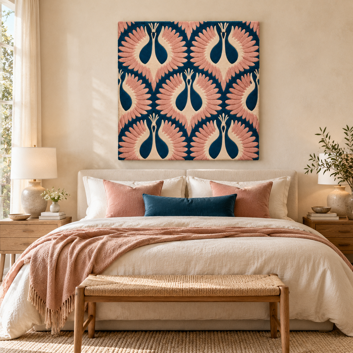 Hewn Earth Blush Wings in Paired Flight wall art, featuring soft blush-colored wing design displayed in a modern room scene.