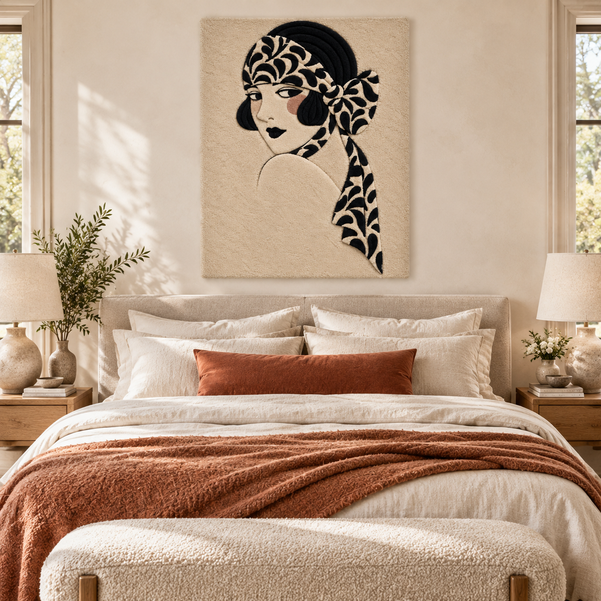 Hewn Earth Botanical Bow Portrait wall art hanging in a room, featuring natural botanical illustrations and elegant design.