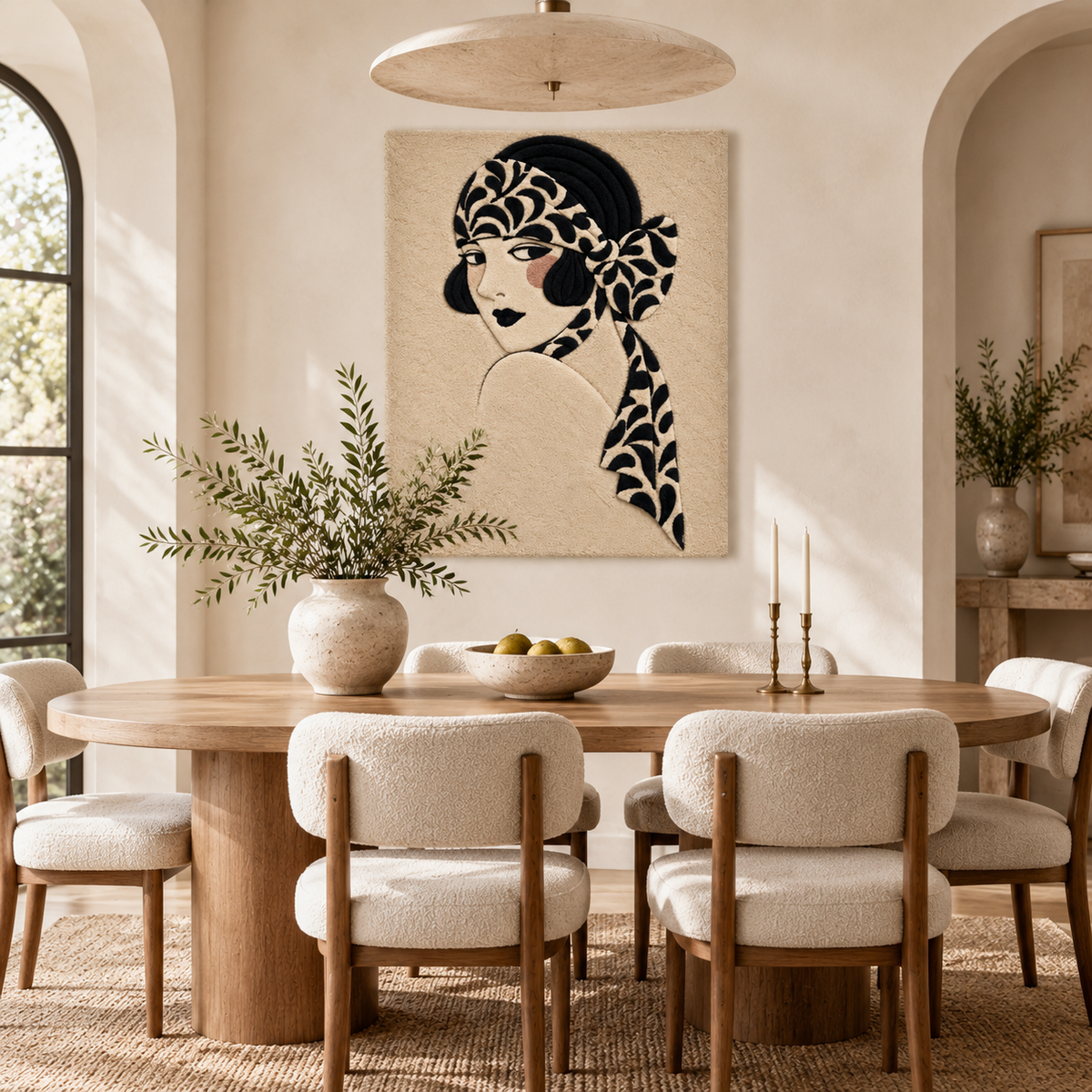 Hewn Earth Botanical Bow Portrait wall art hanging in a room, featuring a detailed botanical design on a neutral background.
