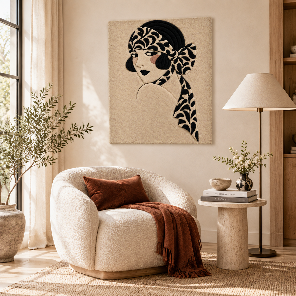 Hewn Earth Botanical Bow Portrait wall art hanging in a room, featuring detailed botanical illustrations and elegant design.