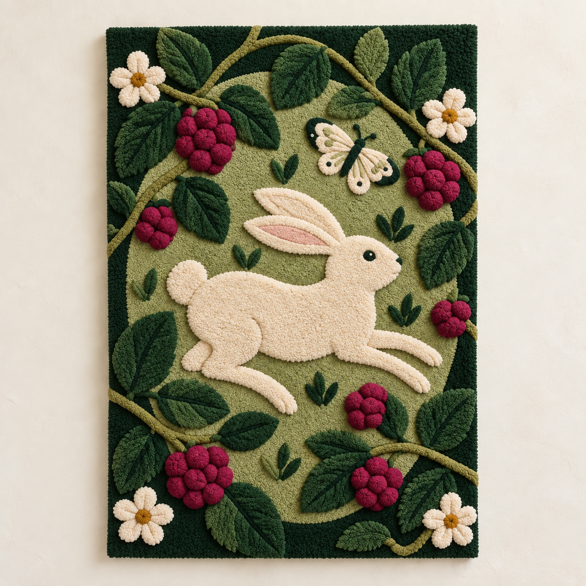 Hewn Earth Bramble Rabbit Frolic wall art featuring a whimsical rabbit design on a light background.