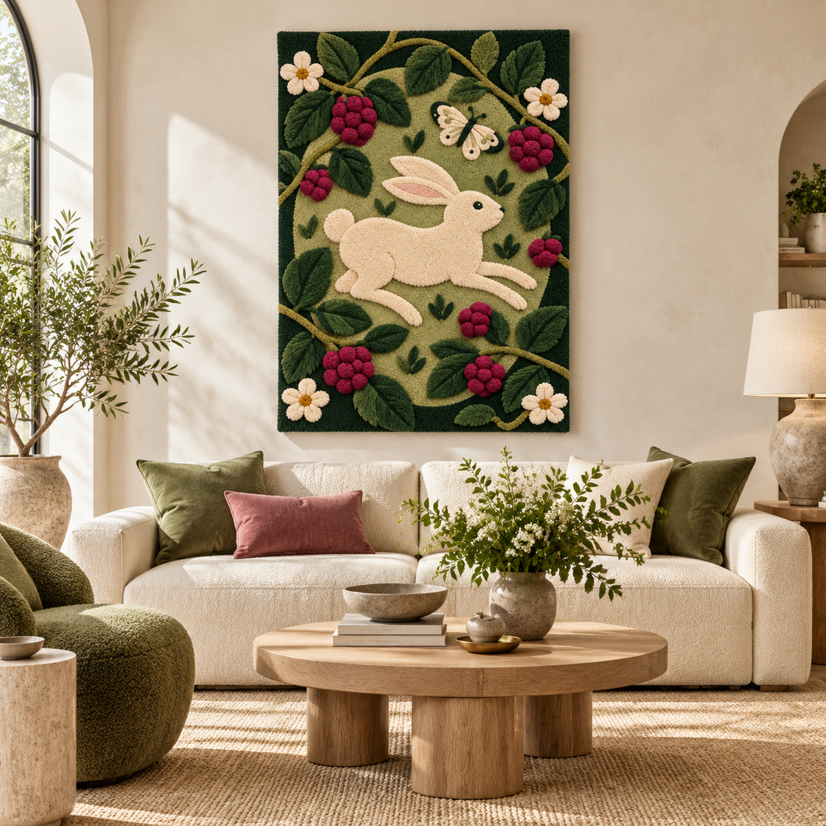 Hewn Earth Bramble Rabbit Frolic wall art featuring a whimsical rabbit illustration on a neutral background.