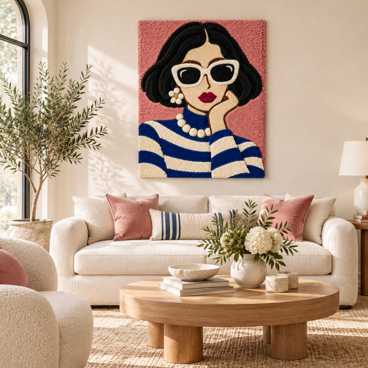 Hewn Earth wall art featuring Breton stripes and blush tones, displayed in a room setting with minimalist decor.