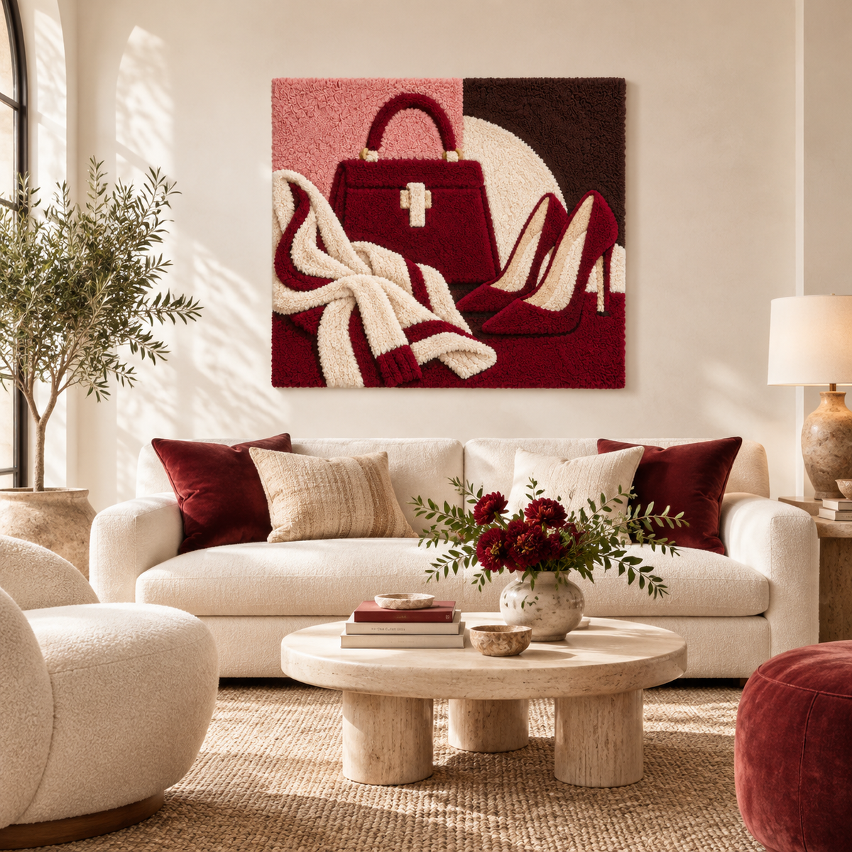Hewn Earth Burgundy Accessories Blush Afternoon wall art featuring abstract burgundy and blush tones for modern interior decor.