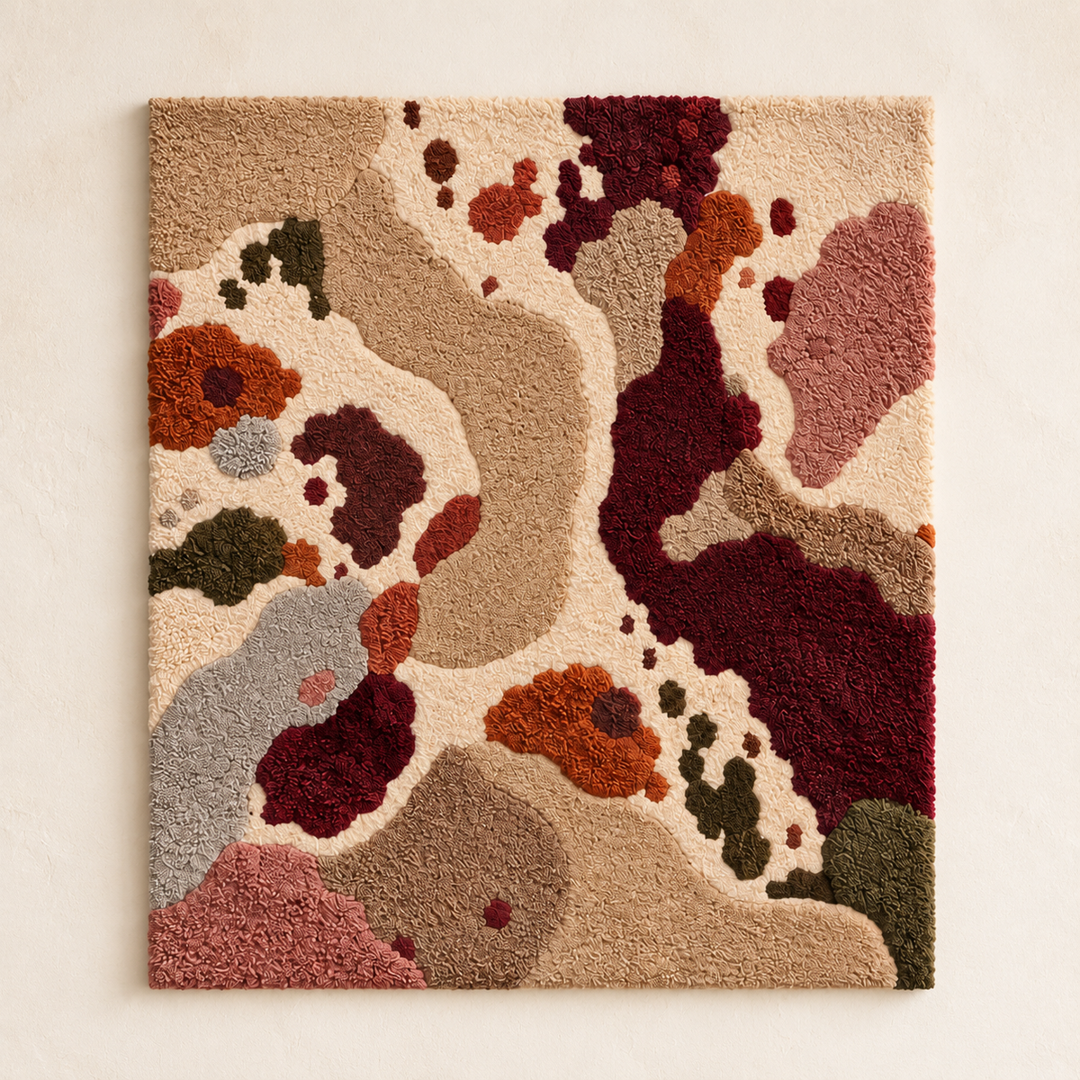 Hewn Earth Burgundy Riverbed wall art featuring abstract burgundy and earthy tones on a textured canvas.