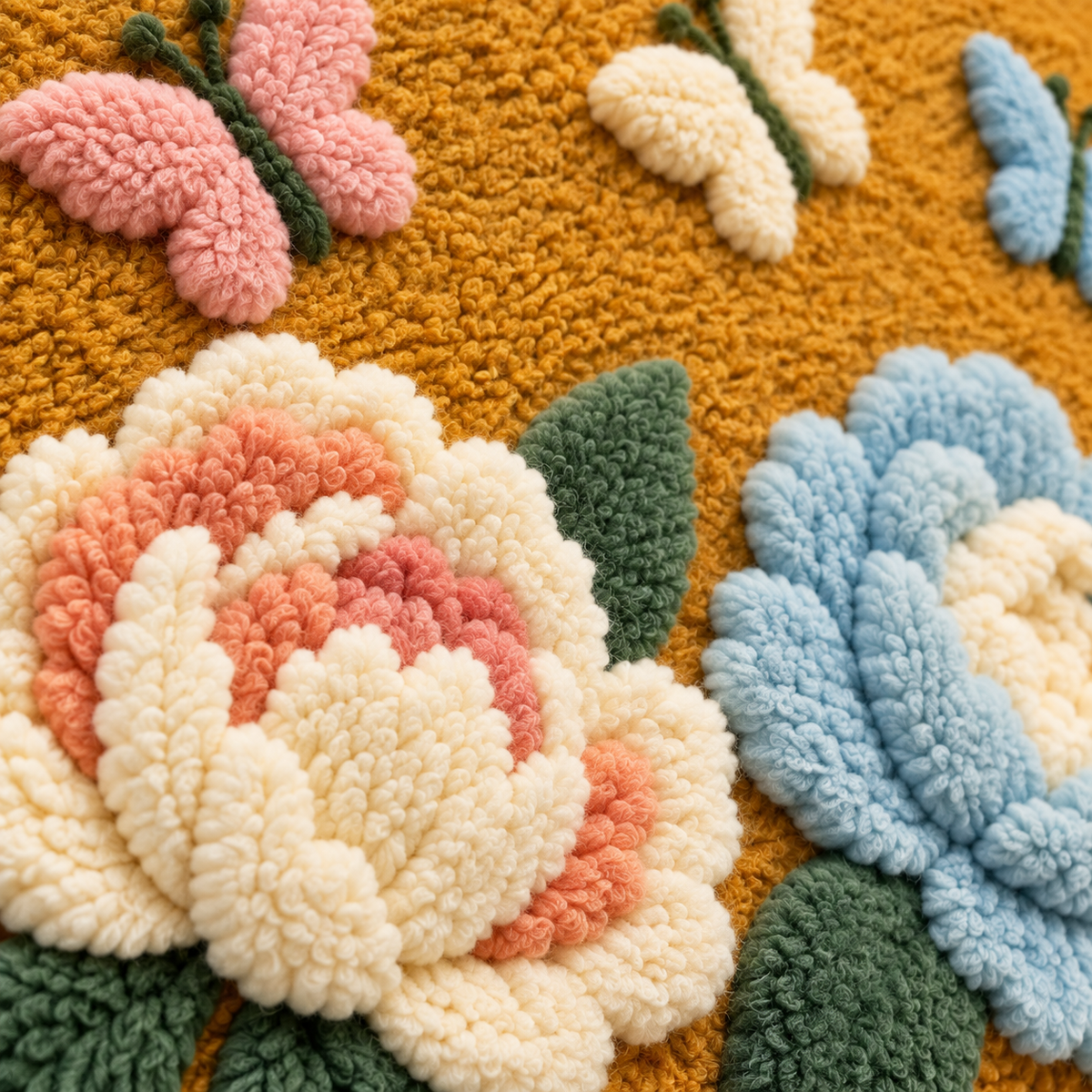 Butterflies above Pastel Blooms — tufted wool texture detail
