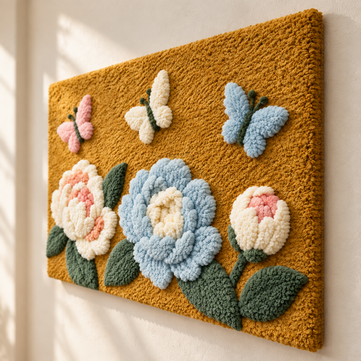 Butterflies above Pastel Blooms — angled relief view