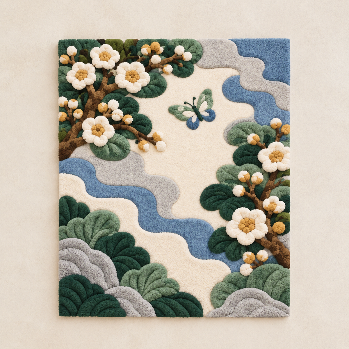 Hewn Earth wall art featuring colorful butterflies in a cloud garden design on a light background.