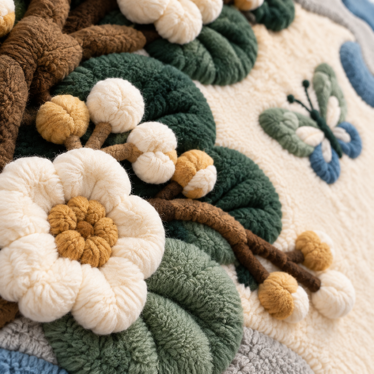 Butterflies in the Cloud Garden — tufted wool texture detail