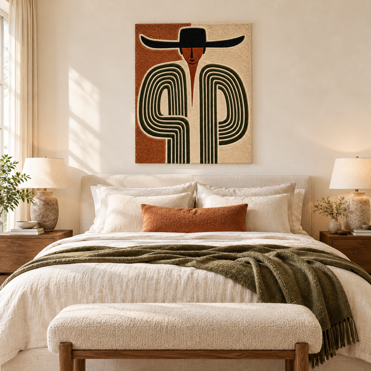 Hewn Earth cactus stripe cowboy wall art featuring a colorful cactus design on a neutral background for desert-themed decor.