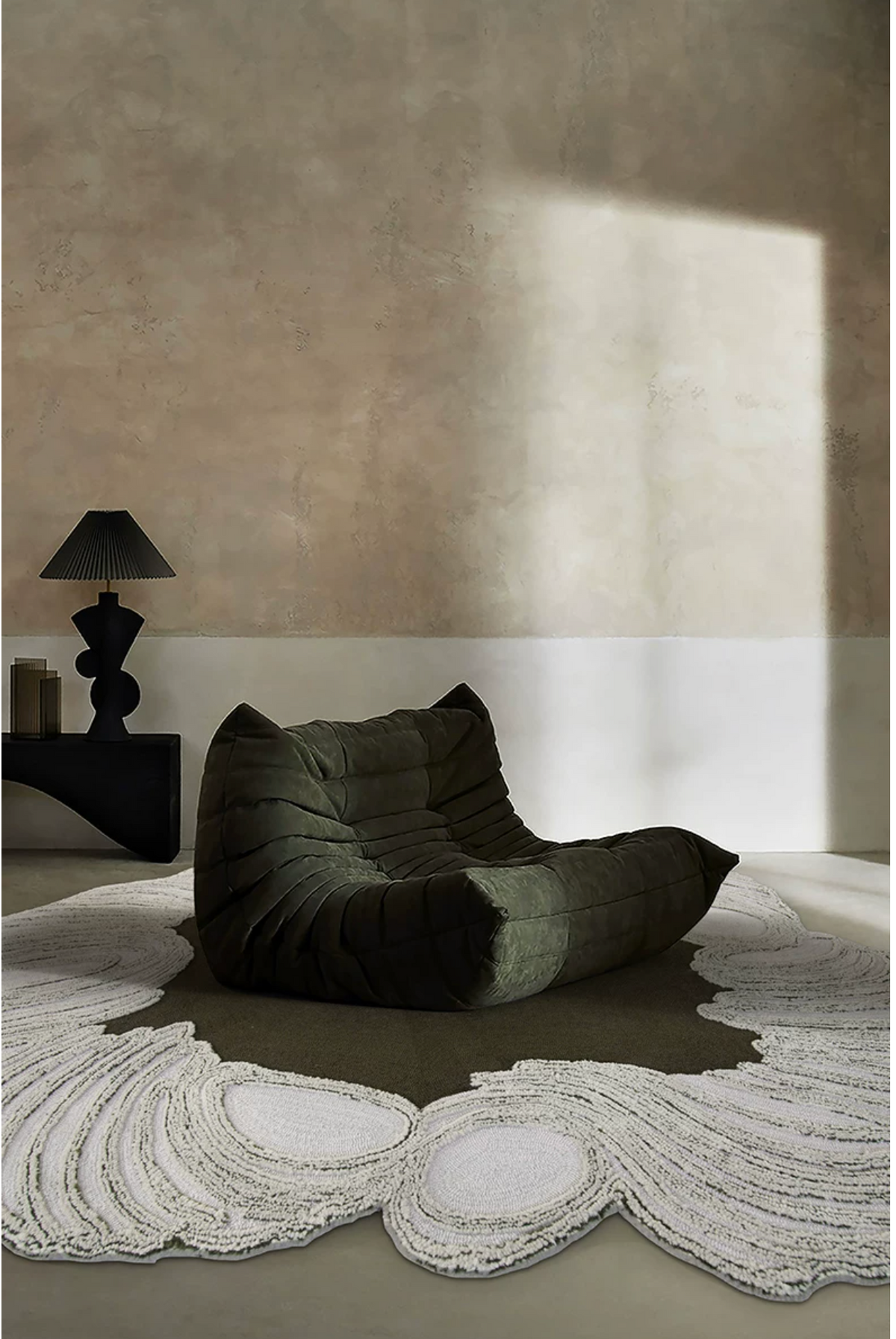Hewn Earth Studio Camellia moss rug with intricate floral pattern and soft texture, ideal for adding natural elegance to a room