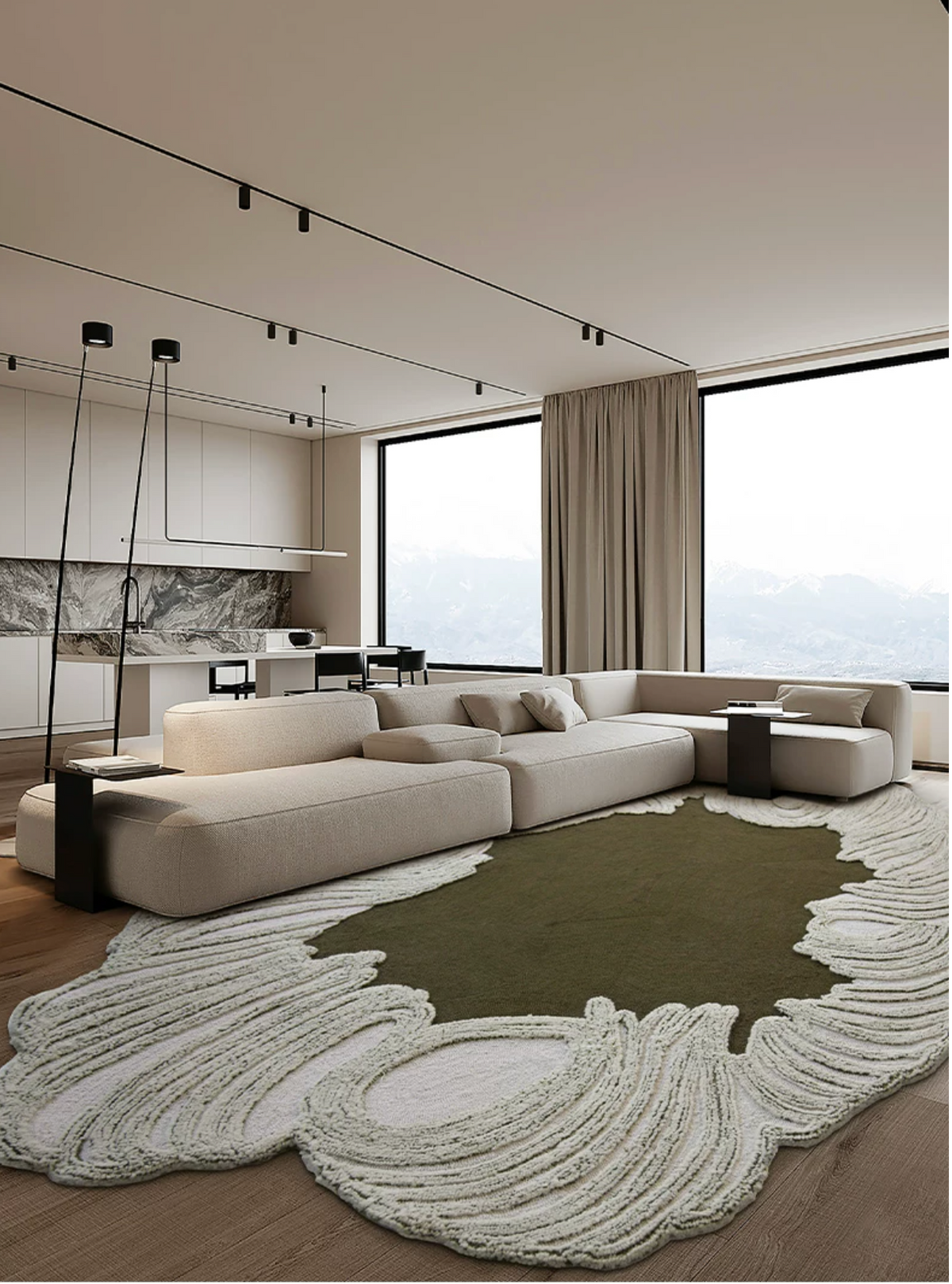 Hewn Earth Studio Camellia rug in moss green with intricate floral pattern, soft textured surface for cozy interiors.