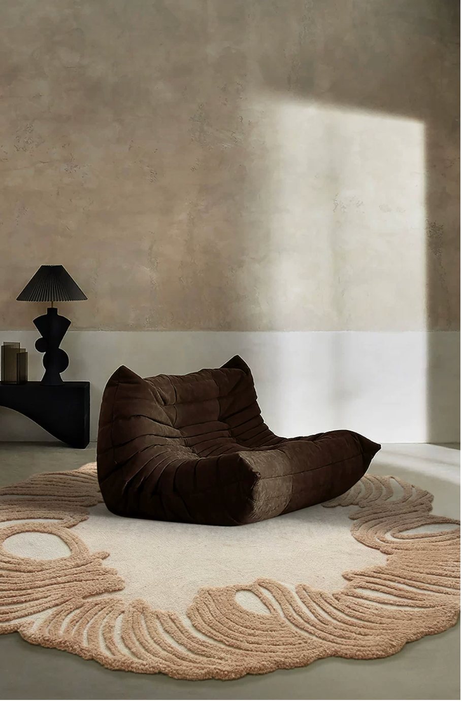 Hewn Earth Studio Camellia rug featuring floral pattern in soft neutral tones, woven texture suitable for living room decor.