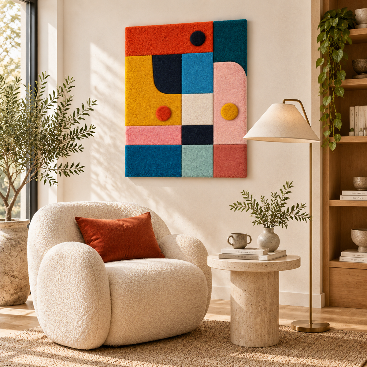 Hewn Earth Candy Block Balance wall art featuring colorful candy-shaped balance scales on a modern room wall.