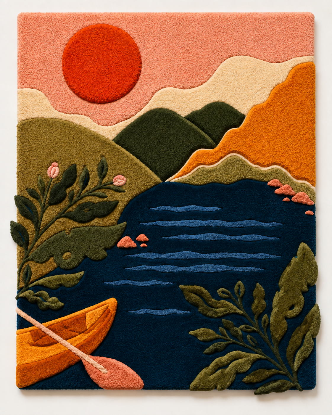 Hewn Earth wall art featuring a canoe at sunset over coral, vibrant colors and serene scene ideal for coastal decor.
