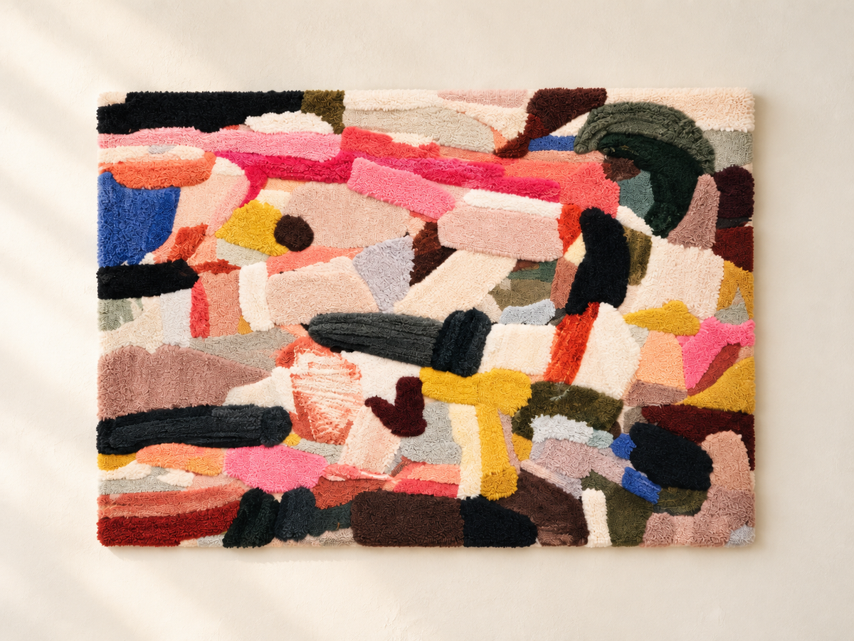 Hewn Earth Carnival Brushwork wall art featuring vibrant, abstract brushstroke design on a neutral background.