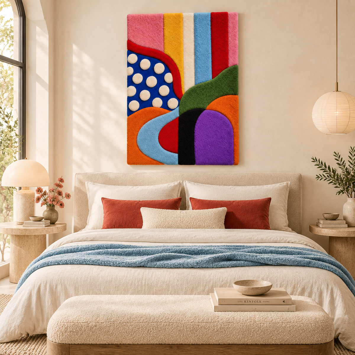 Hewn Earth Carnival Curves and Ivory Dots wall art featuring abstract curved lines and dotted patterns on a neutral background.