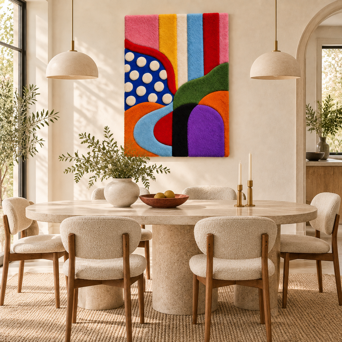 Hewn Earth Carnival Curves and Ivory Dots wall art featuring abstract shapes and patterns for modern home decor.